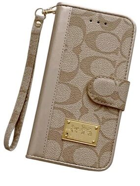 Neutral Coach iPhone 13 Phone Case w/Golden Coach Metal Detail & Wristlet Strap
